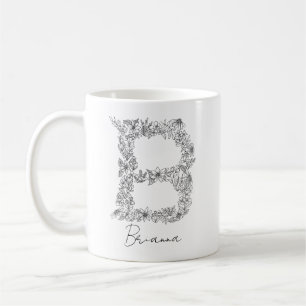 Monogram Floral Botanical Black and White Letter B Coffee Mug