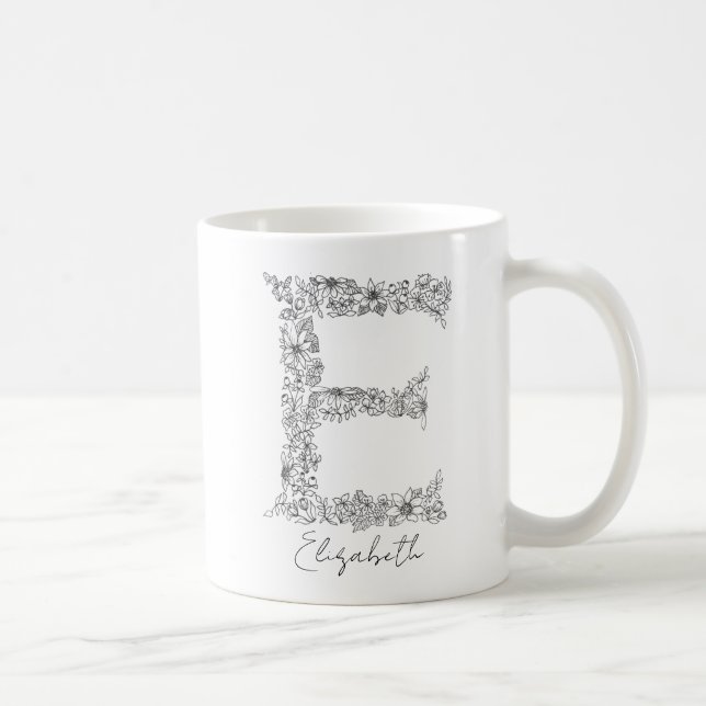 Monogram Floral Botanical Black White Letter E Coffee Mug (Right)