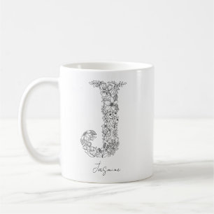 Monogram Floral Botanical Black White Letter J Coffee Mug
