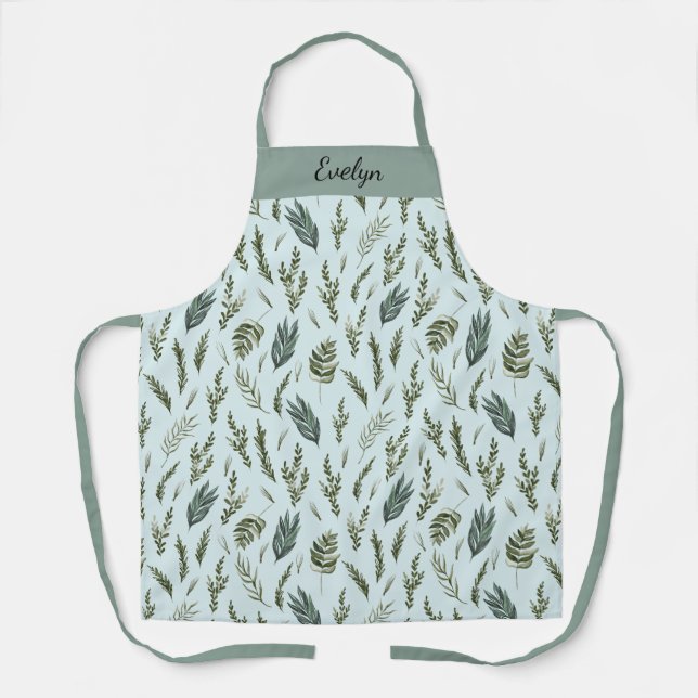 Monogram Floral Botanical Green Leaves Pattern Apron (Front)