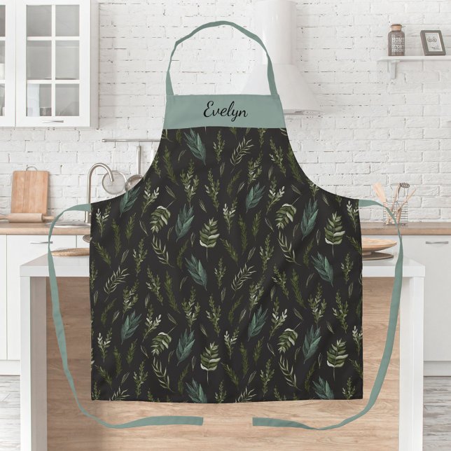 Monogram Floral Botanical Green Leaves Pattern Apron (In situ)