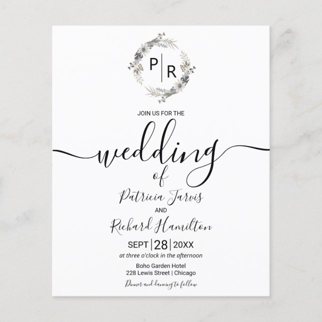 Monogram Floral Budget Wedding Invitation (Front)