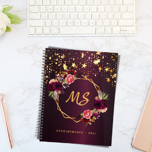 Monogram floral burgundy gold stars geometric 2021 planner