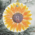 Monogram Floral Ceramic Ornament<br><div class="desc">This unique keepsake ornament is decorated with a yellow watercolor sunflower and stylish typography.
Easily customizable.
Original Watercolor © Michele Davies.</div>