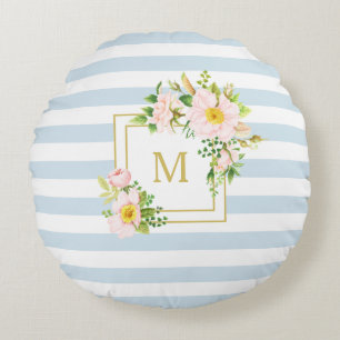 Monogram Floral Chic Pastel Blue Stripes Round Pillow