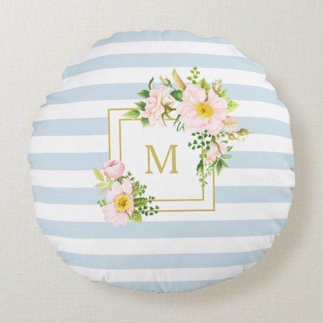 Monogram Floral Chic Pastel Blue Stripes Round Pillow (Front)