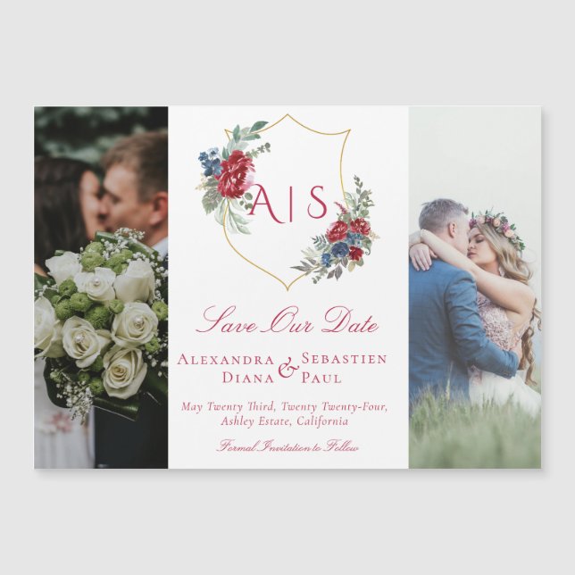 Monogram Floral Crest Photo Collage Save the Date Magnetic Invitation (Front)