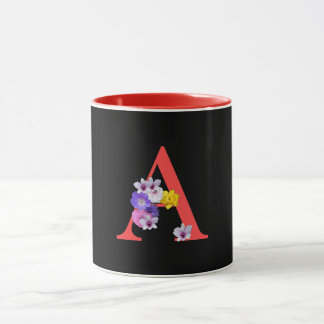 Monogram Floral Cursive A Red Inside Black  Mug