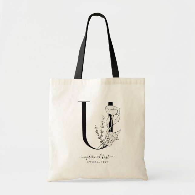 Monogram Floral Custom Tote Bag - Single Letter U (Front)