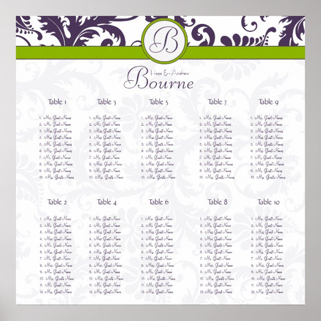 Monogram Floral Damask Seating Chart 10 Tables (Front)