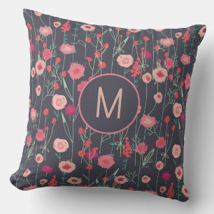 Monogram Floral Dark Throw Pillow