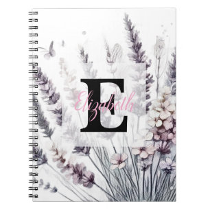 Monogram floral drawing pink cherry blossom  notebook