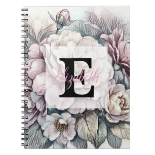 Monogram floral drawing pink cherry blossom  notebook