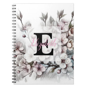 Monogram floral drawing pink cherry blossom  notebook