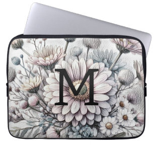 Monogram floral drawing pink gerbera daisies  laptop sleeve