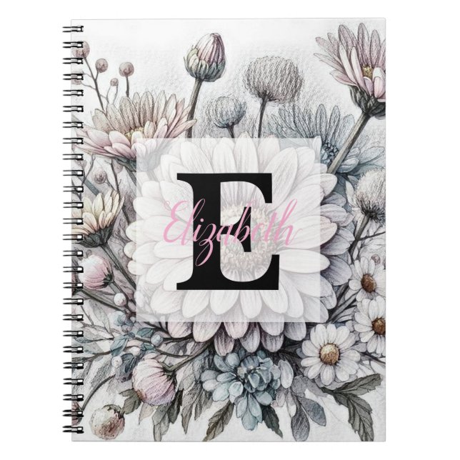 Monogram floral drawing pink gerbera daisies  notebook (Front)