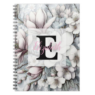 Monogram floral drawing pink magnolias flowers  notebook