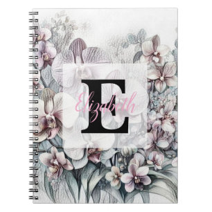 Monogram floral drawing pink orchid flowers  notebook
