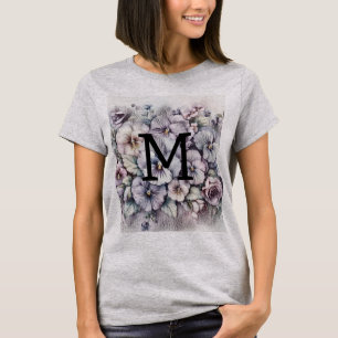 Monogram floral drawing pink pansies flowers T-Shirt
