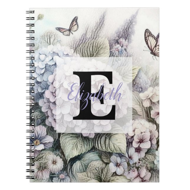 Monogram floral drawing pink purpe hydrangeas notebook (Front)