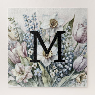 Monogram floral drawing pink tulips daffodils  jigsaw puzzle