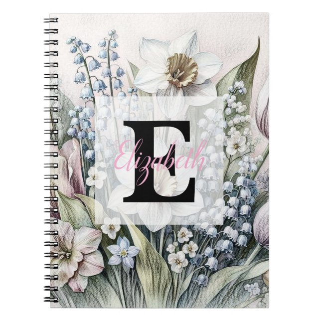 Monogram floral drawing pink tulips daffodils  notebook (Front)