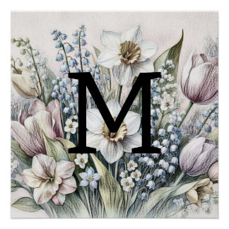 Monogram floral drawing pink tulips daffodils poster
