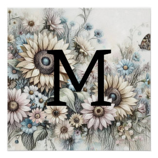 Monogram floral drawing pink yellow sunflowers poster