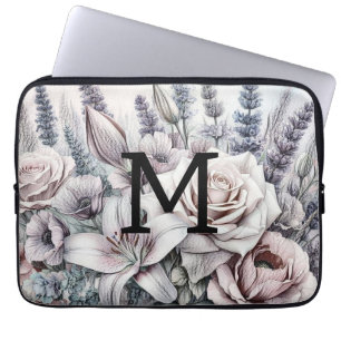 Monogram floral drawing roses lavender lilies laptop sleeve