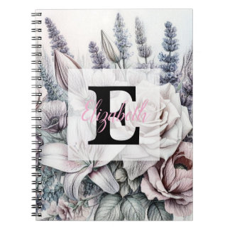 Monogram floral drawing roses lavender lilies  notebook