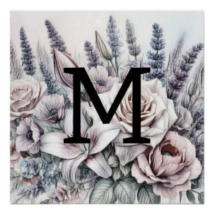 Monogram floral drawing roses lavender lilies poster