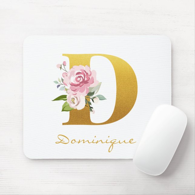 Monogram Floral Faux Gold Name Initial Personalize Mouse Pad (With Mouse)