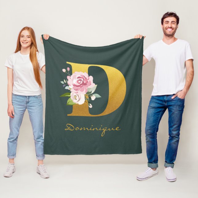Monogram Floral Faux Gold Name Personalized Fleece Blanket (In Situ)