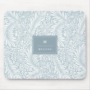 Monogram Floral Foliage Dusty Blue White Elegant Mouse Pad