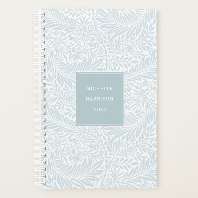 Monogram Floral Foliage Dusty Blue White Elegant Planner (Front)