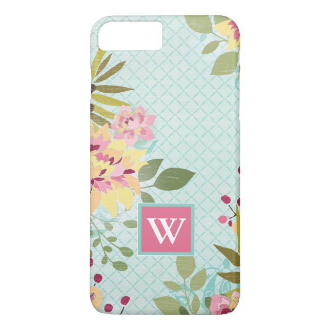 Monogram | Floral Garden, Blue Background Case-Mate iPhone Case (Back)