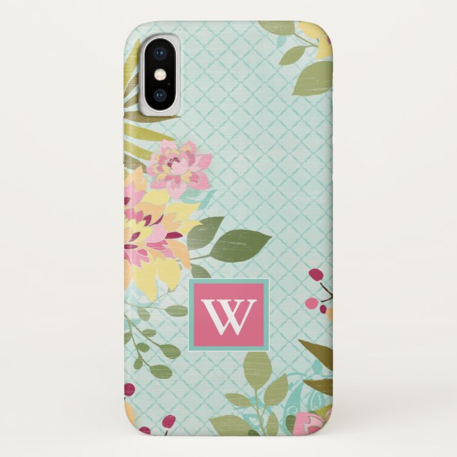 Monogram | Floral Garden, Blue Background Case-Mate iPhone Case (Back)