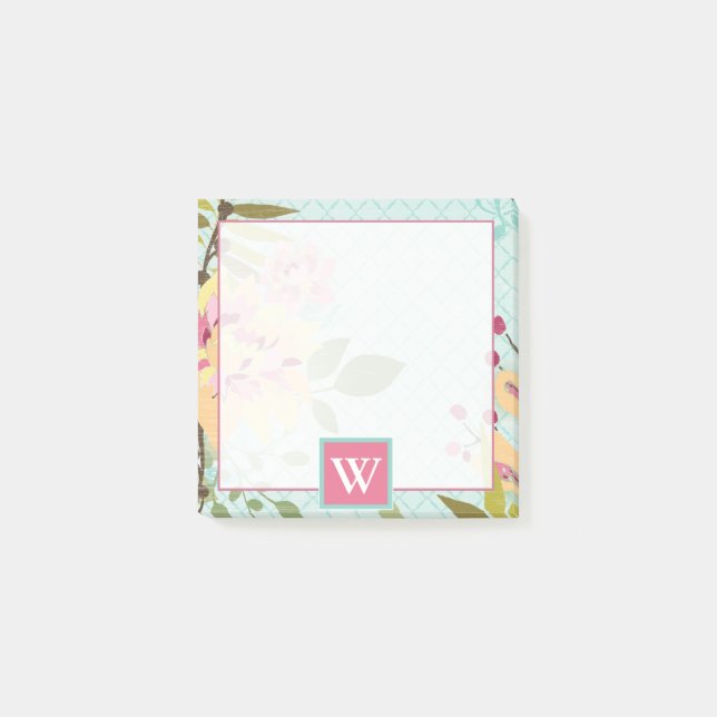 Monogram | Floral Garden, Blue Background Post-it Notes (Front)