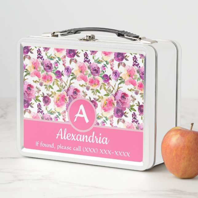 Monogram Floral Girly Purple Pink Custom Name Metal Lunch Box (In Situ)