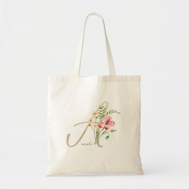 Monogram Floral Gold Initial A with Name Tote Bag (Front)