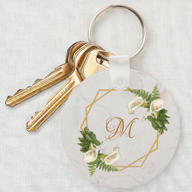 Monogram Floral Gold Marble Calla Lilies Initial Keychain (Creator Uploaded)