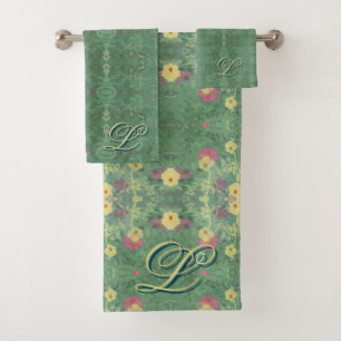 Monogram Floral Green Bath Towel Set