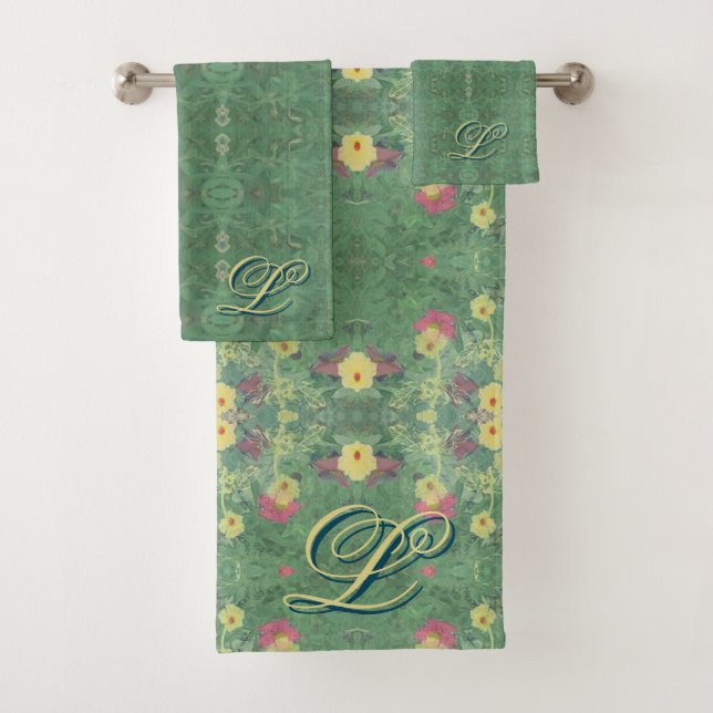 Monogram Floral Green  Bath Towel Set (Insitu)