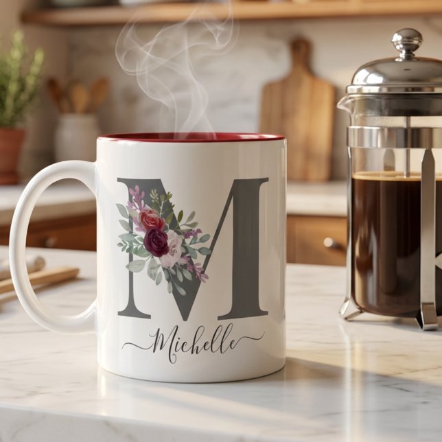 monogram Floral Initial Name Two-Tone Coffee Mug (Creator Uploaded)
