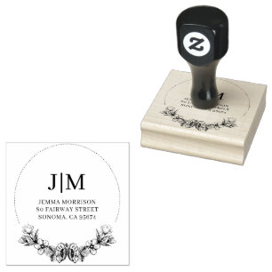 Monogram Floral Laurel Return Address Rubber Stamp