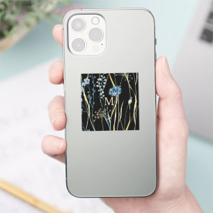 Monogram Floral Light Blue & Gold on Black
