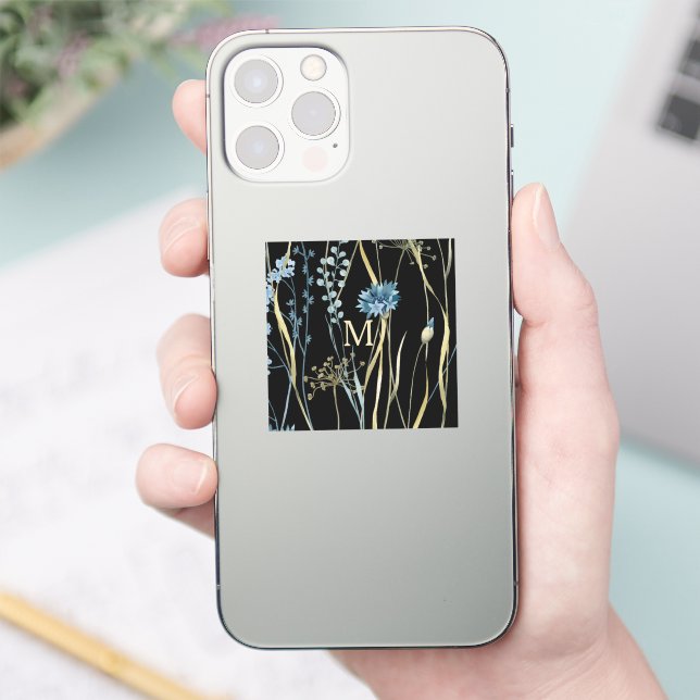 Monogram Floral Light Blue & Gold on Black (Phone)