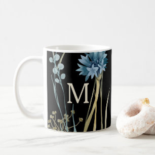 Monogram Floral Light Blue Gold on Black Coffee Mug