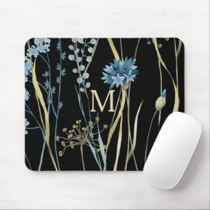 Monogram Floral Light Blue & Gold on Black Mouse Pad