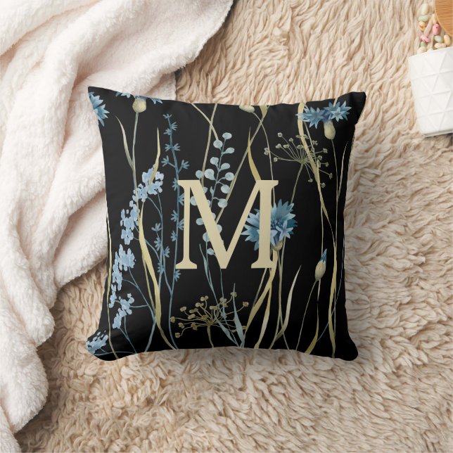 Monogram Floral Light Blue & Gold on Black Throw Pillow (Blanket)
